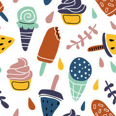 vector seamless background patterns in Scandinavian style,cartoon cute ice creams  and elements for fabric design, wrapping paper, notebooks covers
