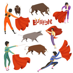 Bullfighting corrida. Vector illustration of matador and bull in various dynamic poses