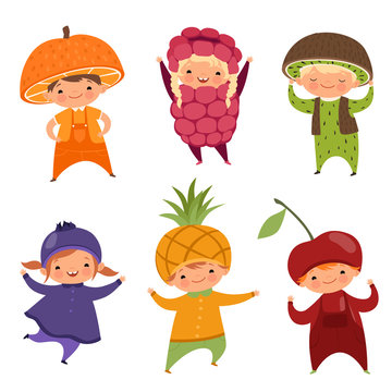 Children in fruit costumes. Vector pictures of various funny clothes for kids