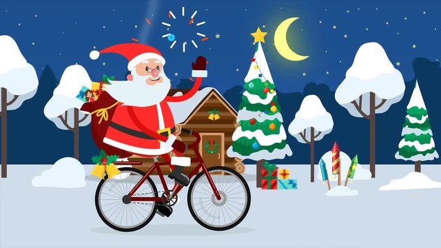 Happy Santa Claus riding on a bicycle across winter forest