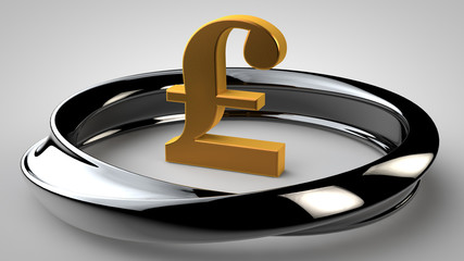 Image zolotoga symbol pound-sterling, which is placed in the center of an infinite Mobius strip, in black on a white background, 3d rendering