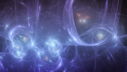 Beautiful blue background of glowing particles and lines with depth of field and bokeh. 3d illustration, 3d render