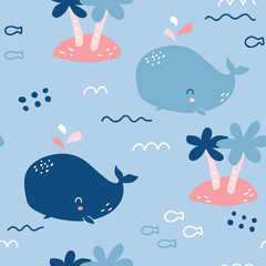 vector seamless background patterns in Scandinavian style,cartoon cute whale characters  and elements for fabric design, wrapping paper, notebooks covers