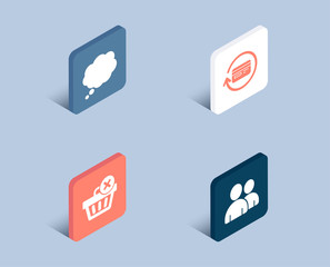 Set of Delete purchase, Comic message and Refund commission icons. Users sign. Remove from basket, Speech bubble, Cashback card. Couple of people.  3d isometric buttons. Flat design concept. Vector