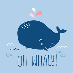 vector illustration of beautiful sunny whale print in Scandinavian style,with ornate funny lettering and cute characters,objects