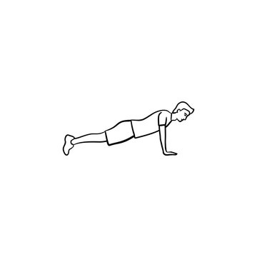recommend clip art: Young man doing push-ups hand drawn outline doodle icon. Fitness, push-up and plank exercises, training concept. Vector sketch illustration for print, web, mobile and infographics on white background.