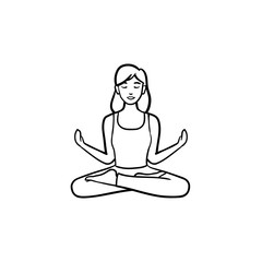 Obraz premium Woman sitting in yoga lotus pose hand drawn outline doodle icon. Yoga meditation, wellness, relaxation concept. Vector sketch illustration for print, web, mobile and infographics on white background.