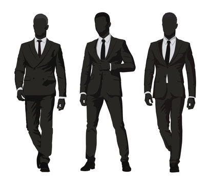 Business people. Three men in dark suits, isolated vector silhouettes. Group of abstract businessmen