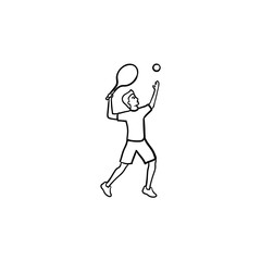 Man playing big tennis hand drawn outline doodle icon. Big tennis tournament, fitness and exercise concept. Vector sketch illustration for print, web, mobile and infographics on white background.
