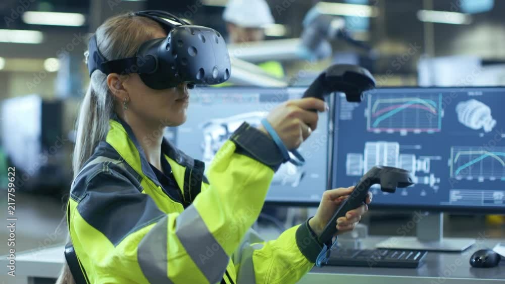 Aufkleber female industrial engineer wearing virtual reality headset and holding controllers, she uses vr tech
