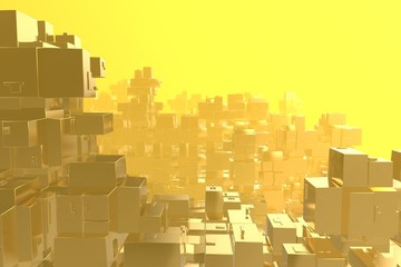 Wealth rich concept idea Golden city at sunset rays Abstract space background.3D illustration rendering