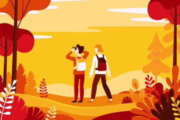 Vector illustration in flat linear style - autumn background