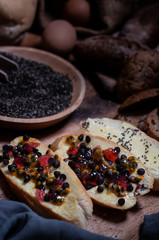 Food stylish lighting setup with French baguette bread eggs sack bags and China seeds.