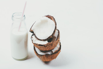 Fresh organic coconut milk in a tube bottle, coconut milkshake,
