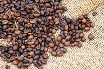 coffee beans on a rough sacking