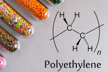 Granules of the POLYETHYLENE, chemical formula. Plastic pellets and scheme of the chemical...