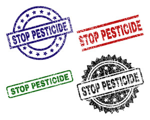 STOP PESTICIDE seal prints with damaged style. Black, green,red,blue vector rubber prints of STOP PESTICIDE text with grunge style. Rubber seals with round, rectangle, medallion shapes.