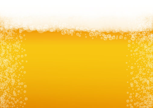 Beer background with realistic bubbles.  Cool liquid drink for pub and bar menu design, banners and flyers.  Yellow horizontal beer background with white foam. Cold pint of golden lager or ale.