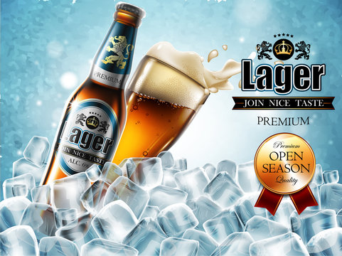 Design of advertising beer with  bottle and glass in ice cubes. High detailed delicous illustration.