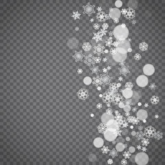 Snowflake border for Christmas and New Year holidays. Square snowflake border on transparent background with sparkles. For banners, gift coupons, vouchers, ads, party events. Falling frosty snow.
