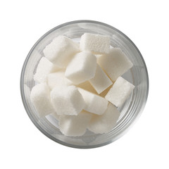 Sugar in bowl. Preparing ingredients for cooking. Isolated on white background. Top view.