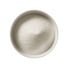 Sugar in bowl. Preparing ingredients for cooking. Isolated on white background. Top view.