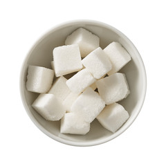 Sugar in bowl. Preparing ingredients for cooking. Isolated on white background. Top view.