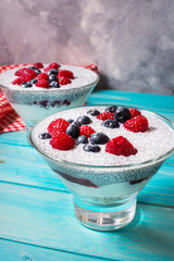 Chia pudding with fresh berries and jam. Superfoods concept