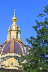 Peter and Paul Cathedral Historic Detail at Peter and Paul Fortress in Saint Petersburg, Russia. View of Beautiful Simple Dome of Russian Orthodox Church. St. Petersburg City Sights on Summer Day.