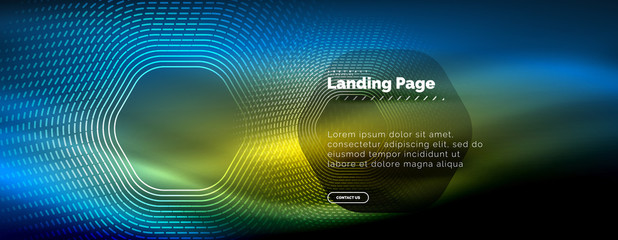 Obraz premium Neon glowing techno hexagon shape lines, hi-tech futuristic abstract background, landing page template