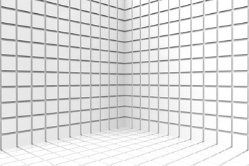 3d rendering. modern white sqaure ceramic tiles wall corner background.