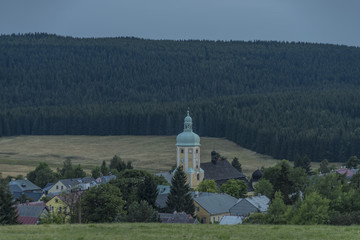 Horni Blatna town in dark cloudy evening
