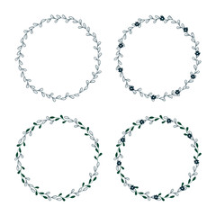 Set Eco-frame, round wreath for greeting card design, wedding invitations, logos, business cards, printed editions. Green botanical template with text. Flower elements, bushes, branches, leaves.