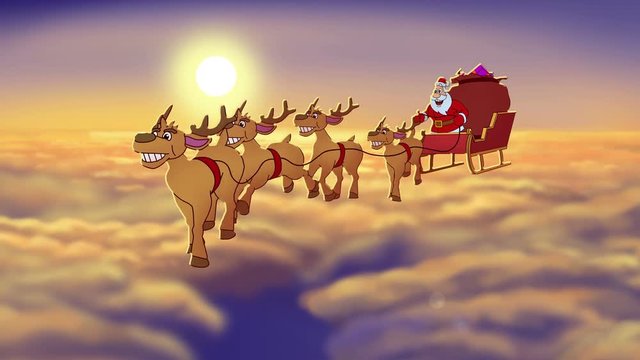 Christmas animated card with flying Santa Claus and without greeting text.The cartoon consists of 5 animated scenes. 29.97 fps