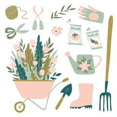 Garden tool set. Vector illustration of gardening elements:  spade, pitchfork, wheelbarrow, plants, watering can, grass,  garden gloves, cart and potted flowers. Happy gardening design.