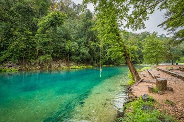Amazing crystalline blue water of Tamasopo River at Huasteca Potosina in San Luis Potosi, Mexico