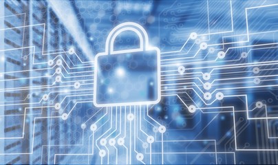 Digital lock icon and city background, concept