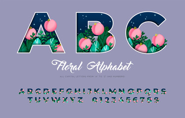 Floral alphabet from capital letters and numbers, vector font with night flowers and leaves.