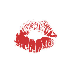 Red lipstick kiss on white background. Vector flat illustration for design. Printing of the lips.