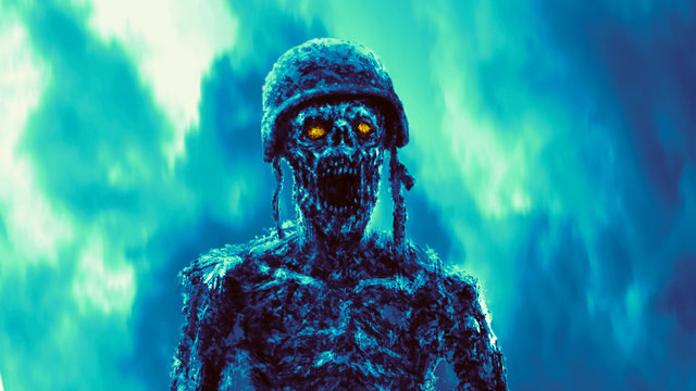 Angry zombie soldier stands on blue fire background.