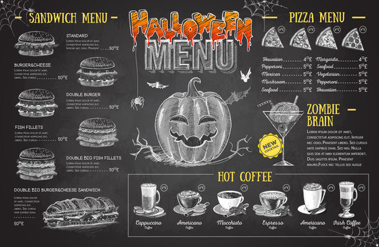 Vintage chalk drawing halloween menu design. Restaurant menu