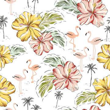 Tropical pink flamingo birds, hibiscus flowers, palm trees, leaves background. Vector seamless pattern. Jungle illustration. Exotic plants. Summer beach floral design. Paradise nature graphic