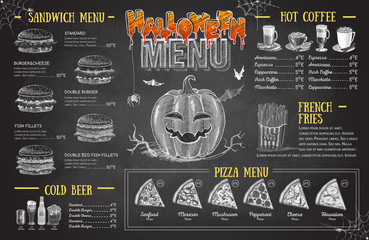 Naklejka premium Vintage chalk drawing halloween menu design. Restaurant menu