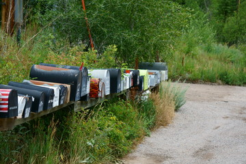 Rows of mail boxes sits on a remote mountain road/trail in Colorado