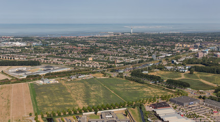 Aerial view Lelystad near the lake IJsselmeer, capital city of province Flevoland, The Netherlands