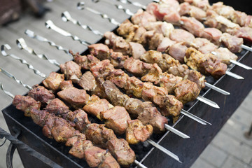 Hot juicy and delicious barbecue, grilled. Skewer, grill and meat.