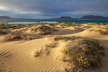 Sand dunes and ocean on sunset in unique volcanic island Lanzarote