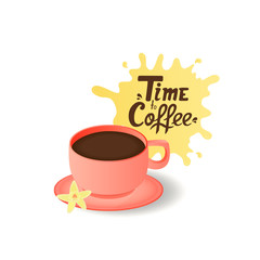 Mug with a dark drink. A flower of vanilla. Time to coffee hand letitling.