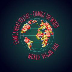 Earth globe made of fruits. Vector. Vegan day.