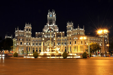 Cybele palace on Cibeles square (plaza de Cibeles) at night, Madrid, Spain